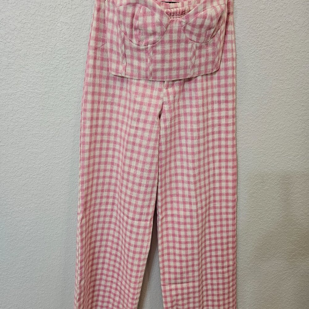 Zara Pink Gingham Check Corset Style Strapless Bustier Crop Top & Pants Set - Picture 5 of 5